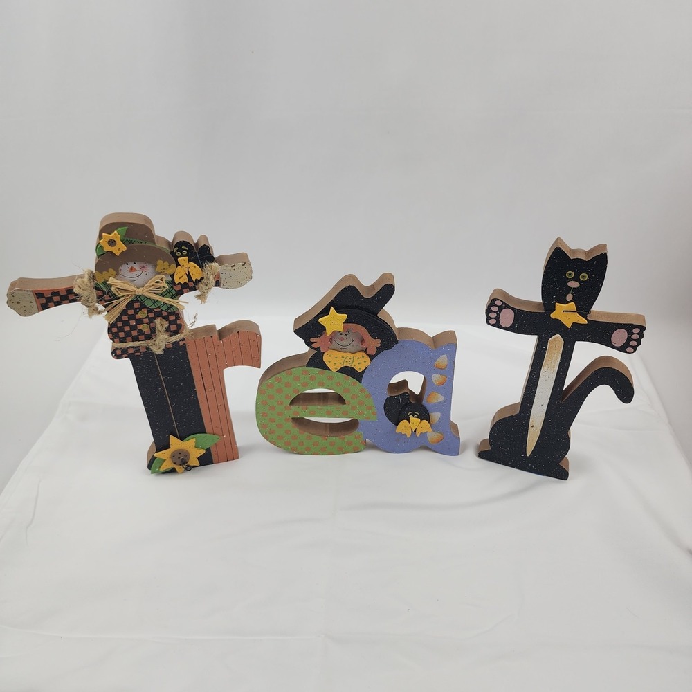 Halloween Trick Or Treat Hand Painted Letters Shelf Sitter Scarecrow Ghost Cat - Picture 4 of 10